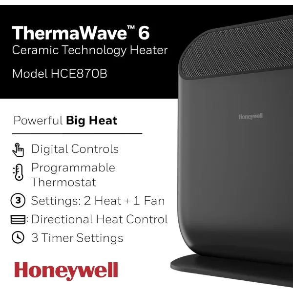 Honeywell ThermaWave 6 Ceramic Technology Space Heater for indoor use. 1500W Heater with Programmable Thermostat with timer options for Bedroom, Rooms or Home - White