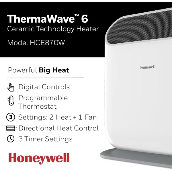 Honeywell ThermaWave 6 Ceramic Technology Space Heater for indoor use. 1500W Heater with Programmable Thermostat with timer options for Bedroom, Rooms or Home - White