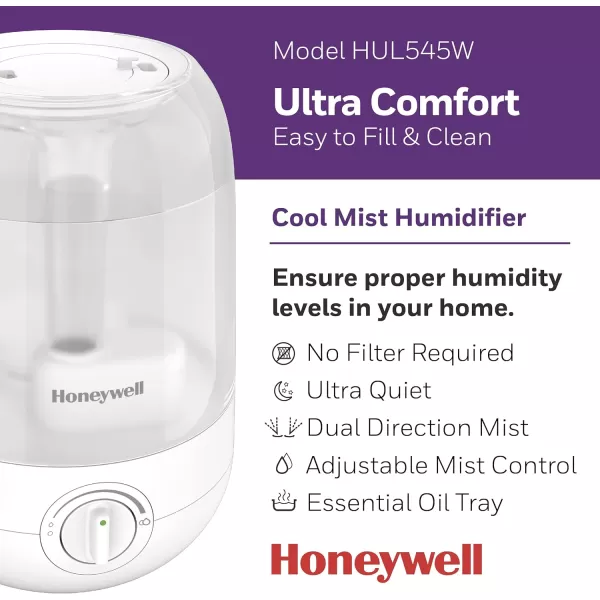 Honeywell Ultra Comfort Cool Mist Humidifier, White Cool Mist Humidifier for Bedroom, Room or Office. Easy to use, ultra-quiet operation for kids or baby humidifier, HUL545W