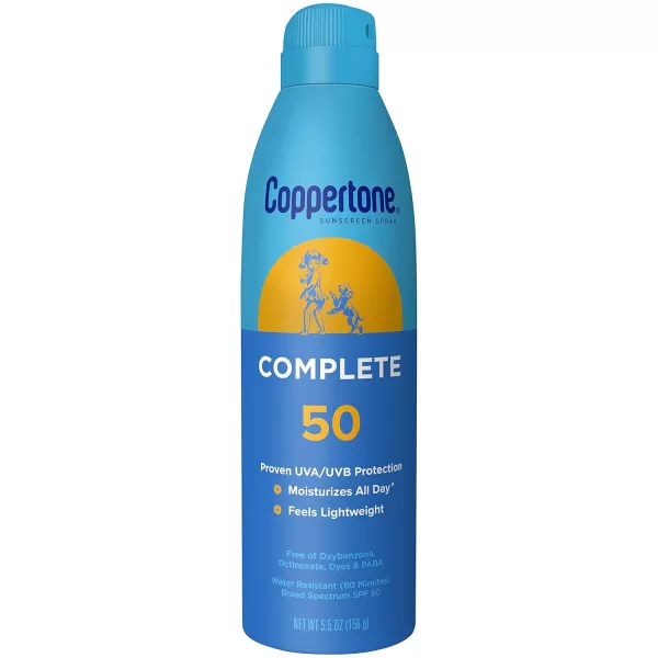 Coppertone COMPLETE SPF 50 Sunscreen Spray Lightweight Moisturizing Sunscreen Pack Water Resistant Spray Sunscreen SPF 50 55 Oz Spray Pack of 3