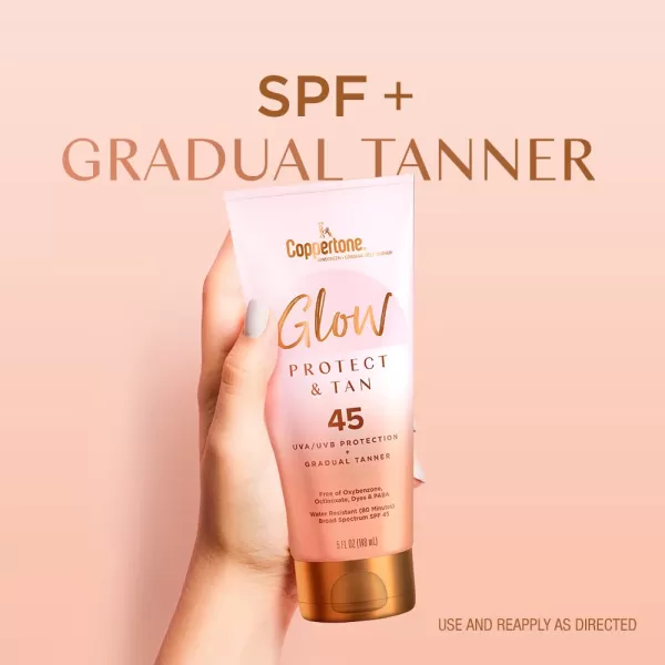 Coppertone Glow Protect and Tan Sunscreen Lotion with Gradual Self Tanner SPF 45 Water Resistant Sunscreen SPF 45 Broad Spectrum Sunscreen Pack 5 Fl Oz Tube Pack of 2