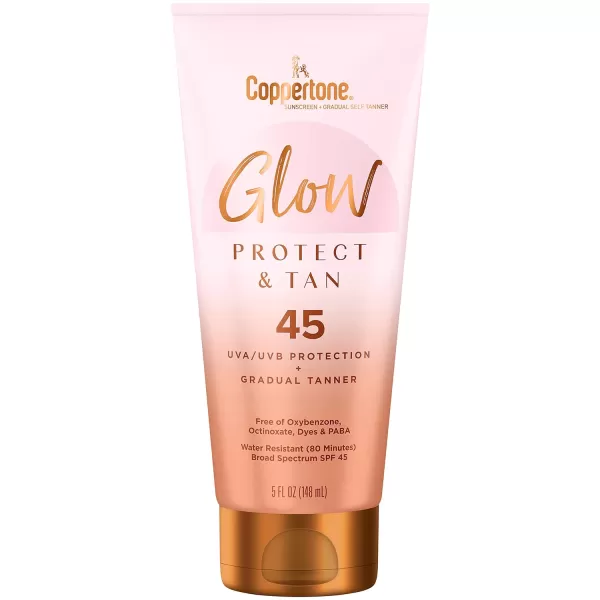 Coppertone Glow Protect and Tan Sunscreen Lotion with Gradual Self Tanner SPF 45 Water Resistant Sunscreen SPF 45 Broad Spectrum Sunscreen Pack 5 Fl Oz Tube Pack of 2