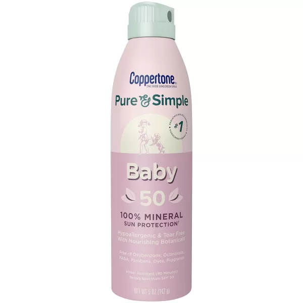 Coppertone Pure and Simple Baby Spray Sunscreen SPF 50 Broad Spectrum Sunscreen for Baby 5 Oz Bottle Pack of 3