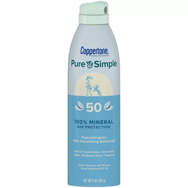 Coppertone Pure and Simple Mineral Sunscreen Pack Hypoallergenic Sunscreen for Sensitive Skin with Zinc Oxide Protection Sunscreen Spray SPF 50 5 Oz Can  SPF 50 Sunscreen Stick 049 Oz
