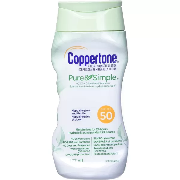 Coppertone Pure and Simple Sunscreen Lotion SPF 50 Broad Spectrum Sunscreen with Zinc Oxide 6 Oz Pack of 26 Fl Oz Pack of 3
