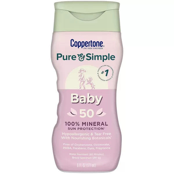 Coppertone Pure and Simple Sunscreen SPF 50 Lotion with Zinc Oxide Mineral for Babies Tear Free Water Resistant Broad Spectrum 6 Fl Oz Bottle Pack of 18