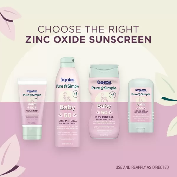 Coppertone Pure and Simple Sunscreen SPF 50 Lotion with Zinc Oxide Mineral for Babies Tear Free Water Resistant Broad Spectrum 6 Fl Oz Bottle Pack of 18