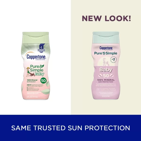 Coppertone Pure and Simple Sunscreen SPF 50 Lotion with Zinc Oxide Mineral for Babies Tear Free Water Resistant Broad Spectrum 6 Fl Oz Bottle Pack of 18
