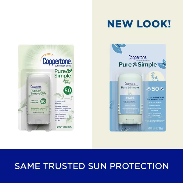 Coppertone Pure and Simple Zinc Oxide Mineral Sunscreen Stick SPF 50 Face Sunscreen Stick Water Resistant Broad Spectrum SPF 50 Sunscreen for Sensitive Skin 049 Oz Stick
