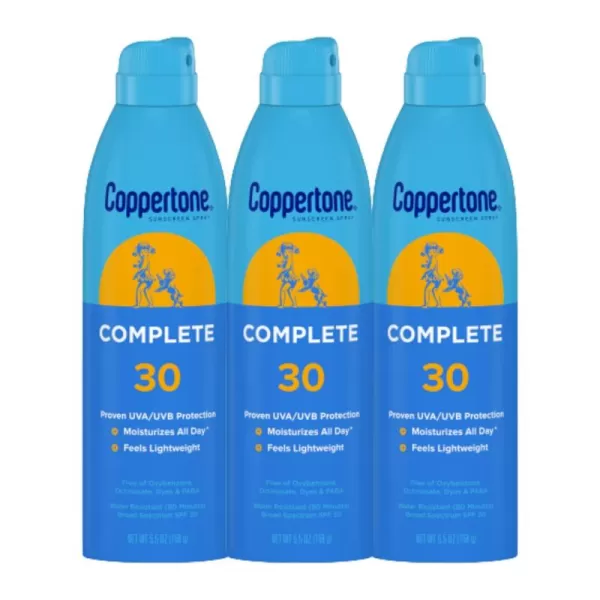 Coppertone COMPLETE SPF 30 Sunscreen Spray Lightweight Moisturizing Sunscreen Pack Water Resistant Spray Sunscreen SPF 30 55 Oz Spray Pack of 3