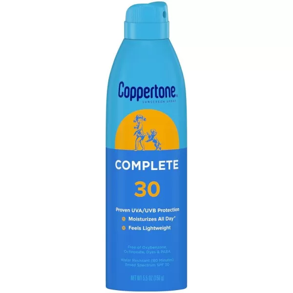 Coppertone COMPLETE SPF 30 Sunscreen Spray Lightweight Moisturizing Sunscreen Water Resistant Spray Sunscreen SPF 30 55 Oz Spray