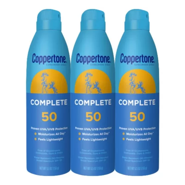 Coppertone COMPLETE SPF 50 Sunscreen Spray Lightweight Moisturizing Sunscreen Pack Water Resistant Spray Sunscreen SPF 50 55 Oz Spray Pack of 3
