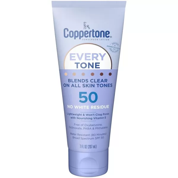 Coppertone Every Tone Sunscreen Lotion SPF 50 Lightweight Rubs on Clear Sunscreen for All Skin Tones Formulated with Nourishing Vitamin E 7 Fl Oz Tube