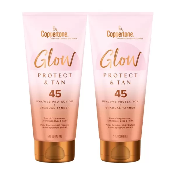 Coppertone Glow Protect and Tan Sunscreen Lotion with Gradual Self Tanner SPF 45 Water Resistant Sunscreen SPF 45 Broad Spectrum Sunscreen Pack 5 Fl Oz Tube Pack of 2
