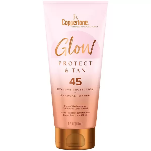 Coppertone Glow Protect and Tan Sunscreen Lotion with Gradual Self Tanner SPF 45 Water Resistant Sunscreen SPF 45 Broad Spectrum Sunscreen SPF 45 5 Fl Oz TubePink