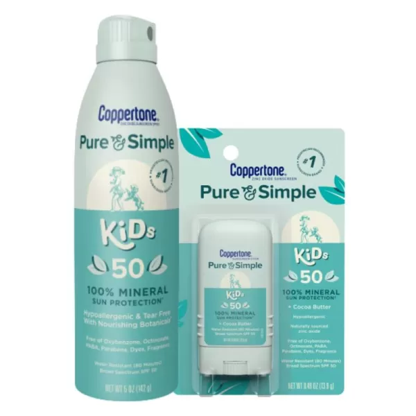 Coppertone Pure and Simple Kids Mineral Sunscreen Pack Hypoallergenic and Tear Free Sunscreen for Kids Kids Sunscreen Spray SPF 50 5 Oz Can  Kids Sunscreen Stick SPF 50 049 Oz