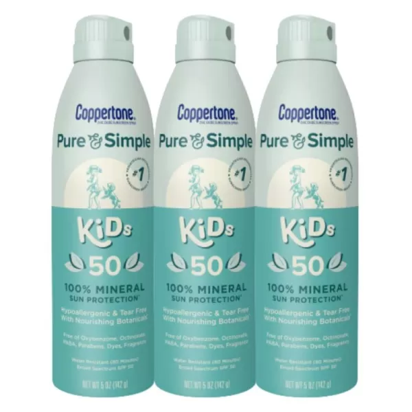 Coppertone Pure and Simple Kids Spray Sunscreen SPF 50 Broad Spectrum Sunscreen for Kids 5 Oz Pack of 3