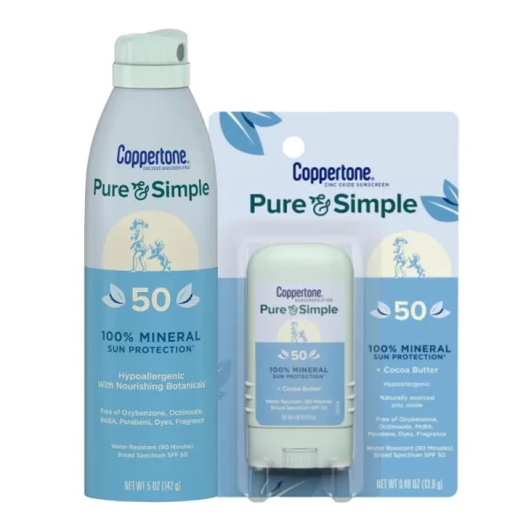 Coppertone Pure and Simple Mineral Sunscreen Pack Hypoallergenic Sunscreen for Sensitive Skin with Zinc Oxide Protection Sunscreen Spray SPF 50 5 Oz Can  SPF 50 Sunscreen Stick 049 Oz