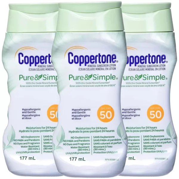 Coppertone Pure and Simple Sunscreen Lotion SPF 50 Broad Spectrum Sunscreen with Zinc Oxide 6 Oz Pack of 26 Fl Oz Pack of 3