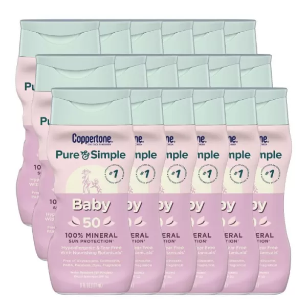 Coppertone Pure and Simple Sunscreen SPF 50 Lotion with Zinc Oxide Mineral for Babies Tear Free Water Resistant Broad Spectrum 6 Fl Oz Bottle Pack of 18