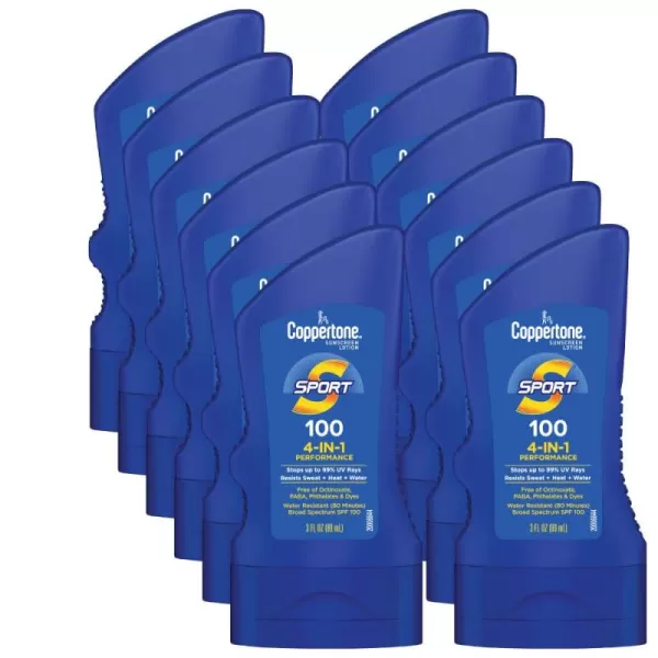 Coppertone SPORT Sunscreen SPF 100 Lotion Water Resistant Sunscreen Body Travel Size 3 Fl Oz Pack of 12