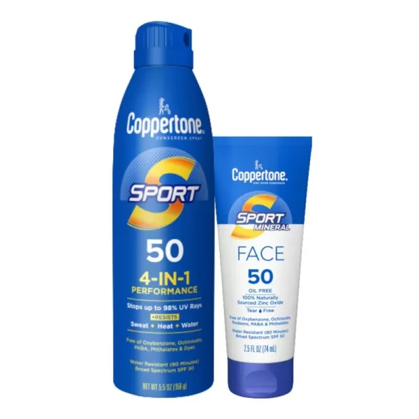 Coppertone SPORT Sunscreen Spray  Face Sunscreen SPF 50 Water Resistant Sunscreen Pack Spray Sunscreen and Facial Sunscreen Lotion 55 Oz Spray  25 Fl Oz Tube Bundle