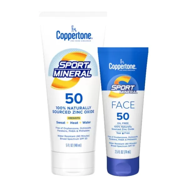 Coppertone Sport Mineral SPF 50 Zinc Oxide Mineral Sunscreen Multi Pack Sport Mineral Body Sunscreen Lotion ampamp Sport Mineral Face Sunscreen Lotion 5 fl oz  25 fl oz Bundle