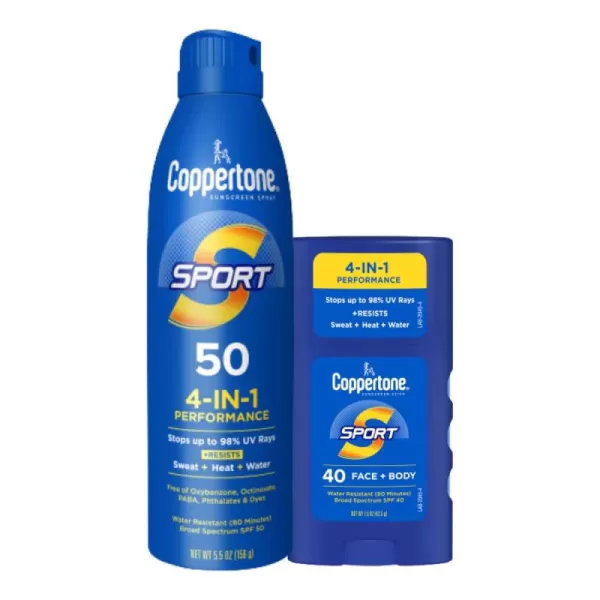 Coppertone Sport Sunscreen Pack Water Resistant Sunscreen Sport Sunscreen Spray SPF 50 55 Oz Can  Sport Sunscreen Stick SPF 40 Body and Face Sunscreen Stick 15 Oz
