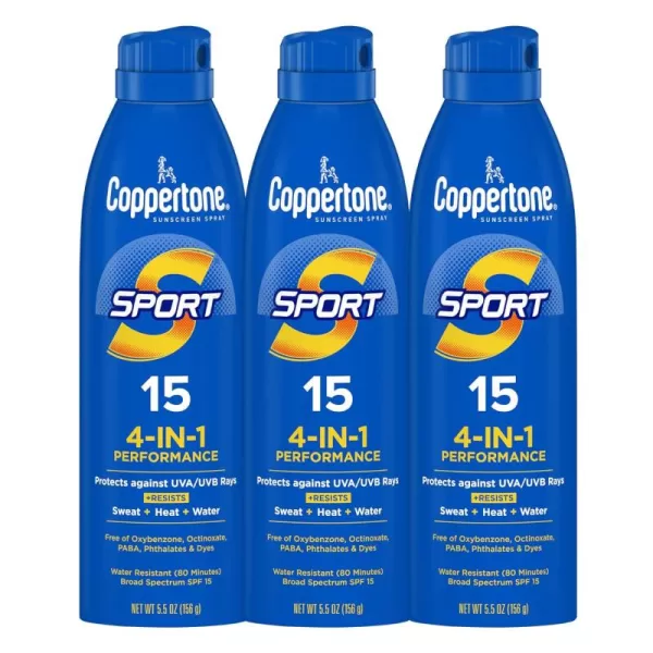 Coppertone Sport Sunscreen Spray Broad Spectrum SPF 15 Water Resistant Spray Sunscreen 55 Oz Pack of 3