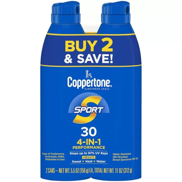 Coppertone Sport Sunscreen Spray SPF 30 Water Resistant Spray Sunscreen Broad Spectrum SPF 30 Sunscreen Bulk Sunscreen Pack 55 Oz Bottle Pack of 2