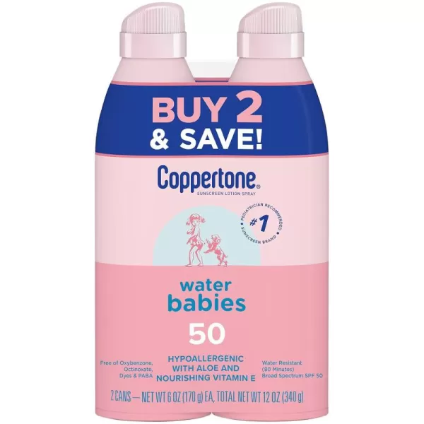 Coppertone WaterBabies Sunscreen Spray SPF 50 Baby Sunscreen Spray On Sunscreen 6 Oz 2 Pack