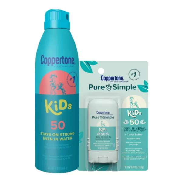 Coppertone Kids Sunscreen Pack Water Resistant Sunscreen for Kids Coppertone Kids Sunscreen Spray SPF 50 5 Oz Can  Coppertone Pure and Simple Kids Mineral Sunscreen Stick SPF 50 049 Oz