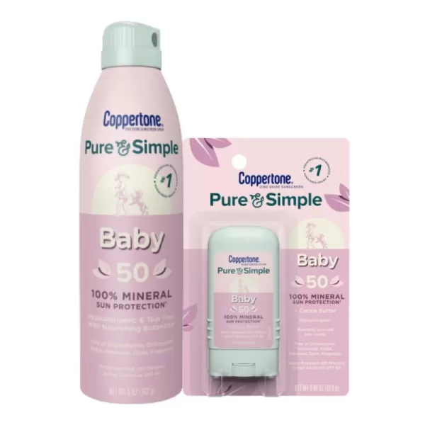 Coppertone Pure and Simple Baby Mineral Sunscreen Pack Hypoallergenic and Tear Free Sunscreen for Babies Baby Sunscreen Spray SPF 50 5 Oz Can  Baby Sunscreen Stick SPF 50 049 Oz