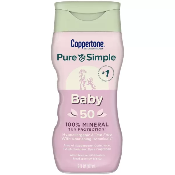 Coppertone Pure and Simple Baby Sunscreen Lotion SPF 50 Broad Spectrum Sunscreen for Baby 6 Fl Oz Bottle