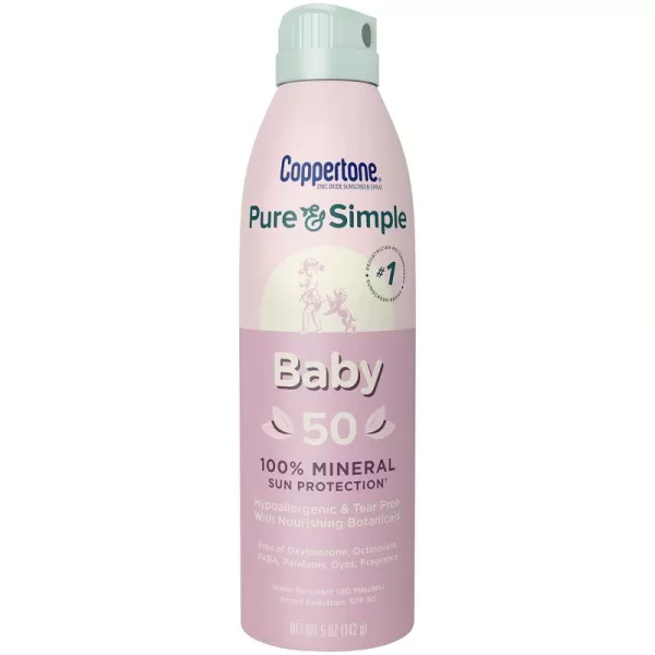 Coppertone Pure and Simple Baby Sunscreen Spray SPF 50 Zinc Oxide Mineral Sunscreen for Babies Toddler Sunscreen Water Resistant Broad Spectrum SPF 50 Sunscreen 5 Oz