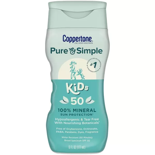 Coppertone Pure and Simple Kids Sunscreen Lotion SPF 50 Zinc Oxide Mineral Sunscreen for Kids Tear Free Water Resistant Broad Spectrum Sunscreen SPF 50 6 Fl Oz Bottle
