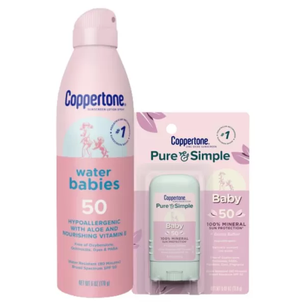 Coppertone Baby Sunscreen Pack Coppertone WaterBabies SPF 50 Sunscreen Spray 6 Oz Can  Coppertone Pure and Simple Baby Sunscreen Stick Mineral Sunscreen SPF 50 Tear Free 049 Oz Stick