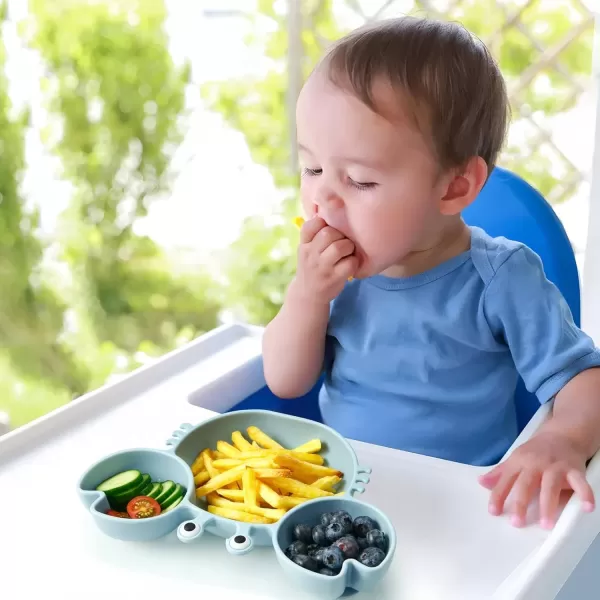 PandaEar 2 Pack Silicone Suction Plate for Baby Divided Unbreakable Toddler Food Plate with 2 Pack Spoons for Self Feeding Toddler Utensils Feeding Set Baby Eating Supplies Crab Shape BlueampampPinkBluePink