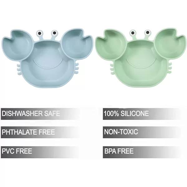 PandaEar 2 Pack Silicone Suction Plate for Baby Divided Unbreakable Toddler Food Plate with 2 Pack Spoons for Self Feeding Toddler Utensils Feeding Set Baby Eating Supplies Crab Shape BlueampampPinkBlueGreen