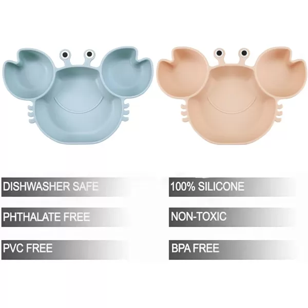 PandaEar 2 Pack Silicone Suction Plate for Baby Divided Unbreakable Toddler Food Plate with 2 Pack Spoons for Self Feeding Toddler Utensils Feeding Set Baby Eating Supplies Crab Shape BlueampampPinkBluePink