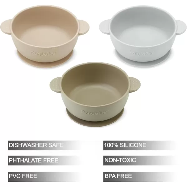 PandaEar 3 Pack Baby Bowls with Suction Stay Put Silicone Food Bowl for Babies Kids Toddlers Infants Food Grade Soft Safe BPAFree Silicone MultiColorBrown Grey Tan