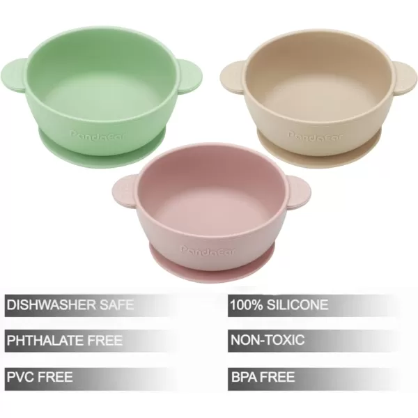 PandaEar 3 Pack Baby Bowls with Suction Stay Put Silicone Food Bowl for Babies Kids Toddlers Infants Food Grade Soft Safe BPAFree Silicone MultiColorPink Green Light Tan