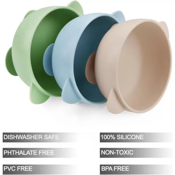 PandaEar 3 Pack Baby Suction Bowls Stay Put Silicone Food Bowl Babies Led Weaning Supplies for Kids Toddlers BPAFree BlueGreenBrown