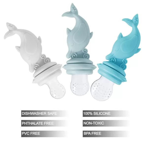 PandaEar 3 Pack Silicone Baby Food Fruit Pacifier Feeder Silicone Feeder Fruit Holder Sucker for Baby Infant with 3 Different Size Silicone Pouch Teething Feeder Dolphin