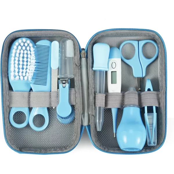 PandaEar Baby Healthcare and Grooming Kit Baby Safety Set Baby Comb Brush Finger Toothbrush Nail Clippers Scissors Nasal Aspirator Baby Essentials Nursery Care Kit BlueBlue