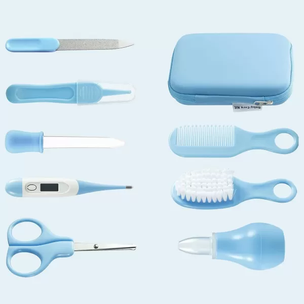 PandaEar Baby Healthcare and Grooming Kit Baby Safety Set Baby Comb Brush Finger Toothbrush Nail Clippers Scissors Nasal Aspirator Baby Essentials Nursery Care Kit BlueBlue