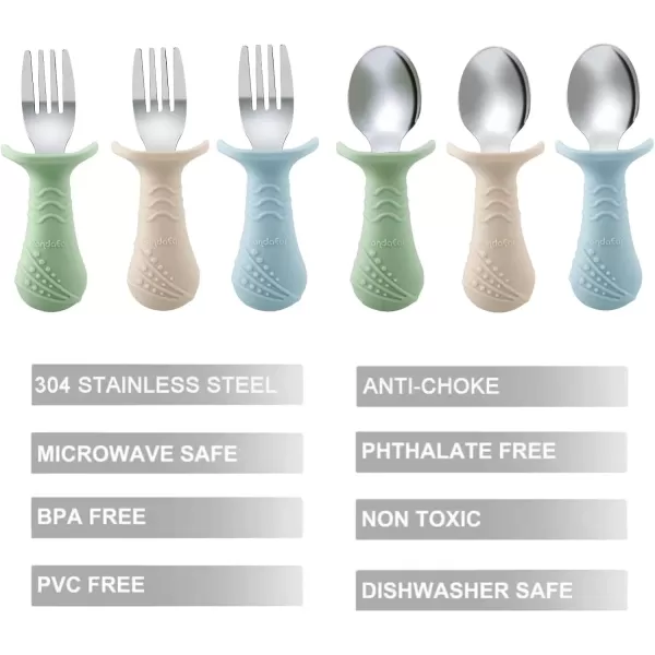 PandaEar Baby Toddler Fork and Spoon Utensil Set 6 Pack Silicone Stainless Steel Silverware Spoon Fork for Babies Toddler BPA Free with Silicone Holding AntiChoke Design BlueampampGreenampampLight TanBlueGreenLight Tan