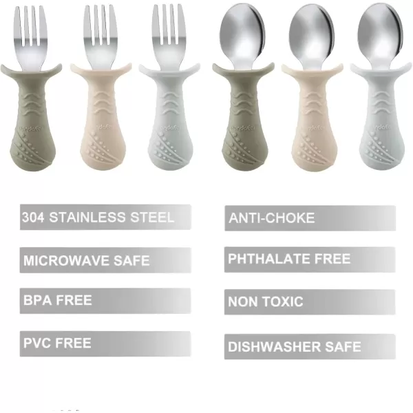 PandaEar Baby Toddler Fork and Spoon Utensil Set 6 Pack Silicone Stainless Steel Silverware Spoon Fork for Babies Toddler BPA Free with Silicone Holding AntiChoke Design BlueampampGreenampampLight TanLight TanWalnutGrey