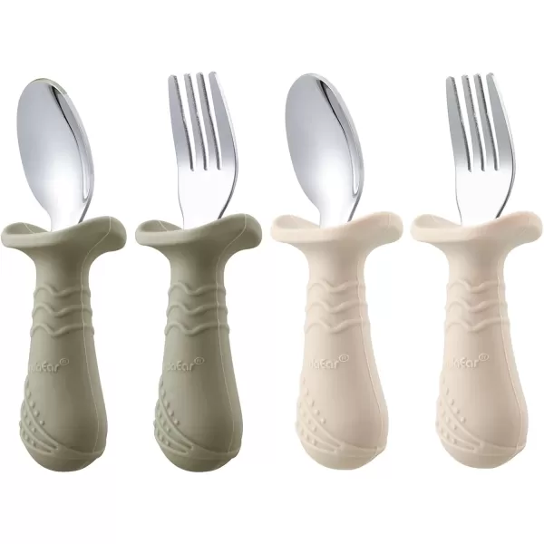 PandaEar Baby Toddler Fork and Spoon Utensil Set 6 Pack Silicone Stainless Steel Silverware Spoon Fork for Babies Toddler BPA Free with Silicone Holding AntiChoke Design BlueampampGreenampampLight TanLight TanWalnutGrey