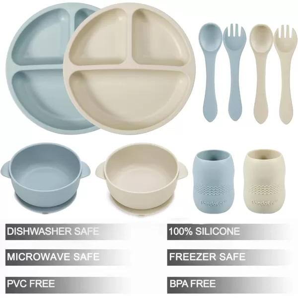 PandaEar Silicone Baby Feeding Set 2 Divided Suction Plate  2 Suction Bowl  2 Tiny Cup with 2 Spoons Baby Led Weaning Supplies Self Feeding Utensils Pink GrayBlue White